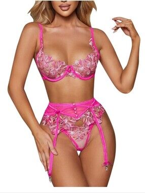 French Embroidered Pink Floral Bra, Panty and Garter Set
